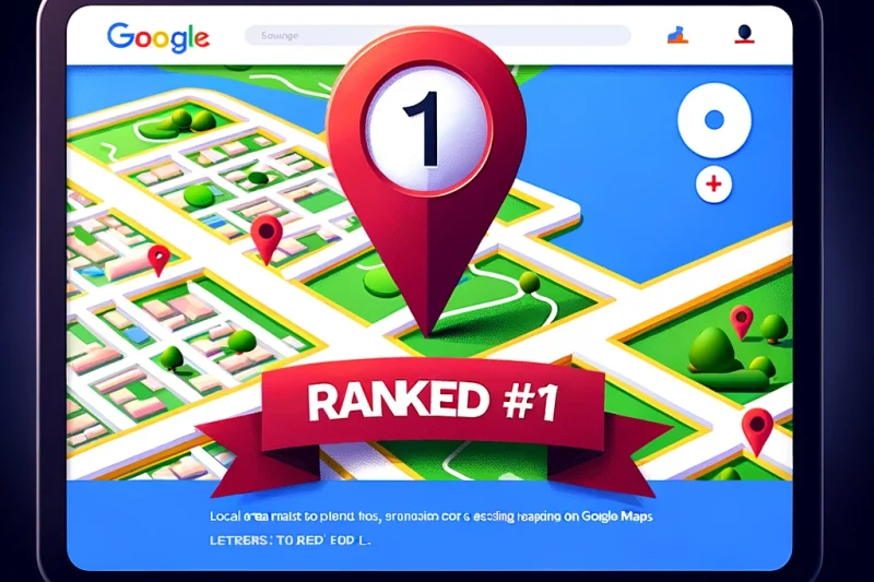 DALL.E 2024-05-09 19.58.23 - An illustration of a Google Maps interface on a digital screen, displaying a local area map with a red pin prominently placed, indicating a top-ranked